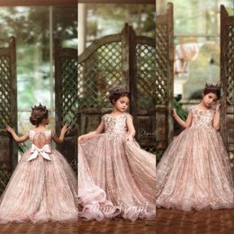 2023 Bling Rose Gold Sequined Flower Girl Dresses For Weddings Lace Sequins Bow Cap Sleeveless Girls Pageant Dress Kids Communion Gowns