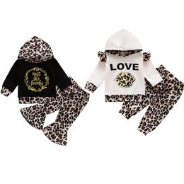 Kids Leopard Clothing Sets Girls Long Sleeve Hooded Top + Leopard Flare Pants 2Pcs/Sets Boutique Infants Casual Clothes M2773