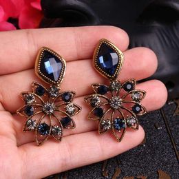 Retro temperament blue Semi-precious stones earring Female Rhinestone petal earring Hypoallergenic ear Jewellery