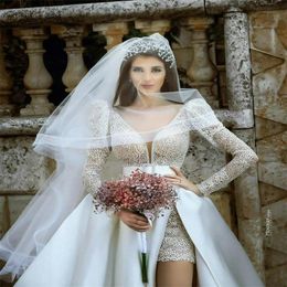 Charming Overskirts Style Wedding Dresses 2021 Spring Summer Lace And Satin Long Sleeves Bridal Gowns Saudi Arabia Vestidos