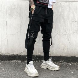 Hip Hop Joggers Mens Black Harem Pants Multi Pocket Ribbons Mens Sports Pants Streetwear Cargo Men Japanese Streetwear