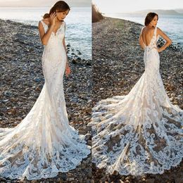 2021 Sexy Boho Lace Mermaid Wedding Dresses Straps Backless Long Train Bridal Gowns V Neck Beach Bride Dress Robe de mariage