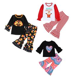 Thanksgiving Christmas Baby Clothing Sets Long Sleeve Santa Turkey Printed Top + Flare Striped Trouser 2Pcs/Sets Infants Girls Outfits M2708