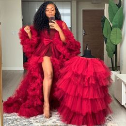 Red Illusion Mother Prom Dresses Ruffled Tiered Maternity Dress For Baby Showers Maxi Tiered Tulle Robe Formal Evening Gowns Vestidos