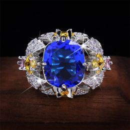 Choucong New Sparkling Luxury Jewelry 925 Sterling Silver Multi Color Blue Sapphire CZ Diamond Gemstones Flower Women Wedding Band254w