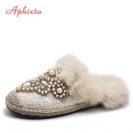 Aphixta Winter Warm Real Fur Slippers Women Shoes Woman Lace Pearl Crystal Bling Plush Women's Furry Natural Rabbit Hair Shoes Y200106