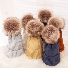 Women Winter Bonnet Soft Thick Fleece Lined Dual Layer Knitted Beanie with Faux Fur Pom Pom Hats Fashion Wild Outdoor Warm Caps
