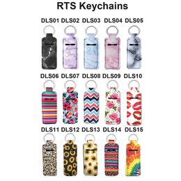 15 Styles RTS Keychain Stylish Neoprene Chapstick Holder printed Handy Lip Balm Keychains Neoprene Lipstick Holder pouch Keychain M2770