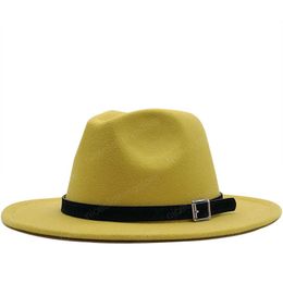 New Men Women Wide Brim Wool Felt Fedora Panama Hat with Belt Buckle Jazz Trilby Cap Party Formal Top Hat In White black 58-60CM