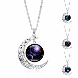 12 constell time Gem pendant Necklace Silver Moon glass cabochon Necklaces for women kids fashion Jewellery will and sandy gift