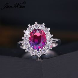 Wedding Rings Mystic Rainbow Fire Crystal Stone Sunflower For Women Silver Color Oval Blue Red Pink Zircon Bands Jewelry Cz