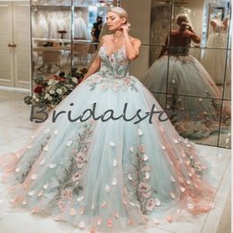 Luxury Light Green Quinceanera Dresses Sexy Masquerade Party Prom Dress Spaghetti Straps Ball Gown 3D Floral Embroidery Evening Dresses 2021