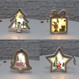 Christmas Lighted Wooden Pendant Merry Christmas Tree Bell Gift Star Shaped Pendant Luminous Christmas Hanging Decoration