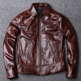 Primavera Oferta Especial dos Homens de Vaca De Couro De Cera De Cera Genuíno Roupas Curto Slim Fit Motociclista Casaco Vinho Red Revestimento Homens