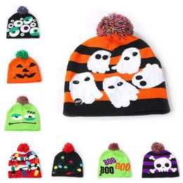 LED Luminous Caps Hats Beanie Kids Children Pom Ball Skull Hats Light Up Night Flash Cartoon Hats Christmas Halloween Headwear Bonnet B82104