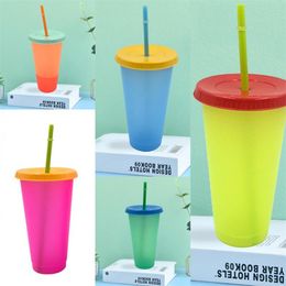 Clear Plastic Cup With Lid Straw Colour Changing Temperature Sensing Tumbler Reusable Coffee Drinks Circle Mugs 5hb G2