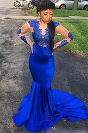 Royal Blue Mermaid Prom Formal Dresses with Long Sleeve 2021 Lace Stain Sheer Jewel Neck Sweep Train African Occasion Evening Wear Gown