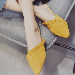 Summer Pointed Toe Women Shoes Mules Suede Leather Flat Shoes Womens Pleated flats