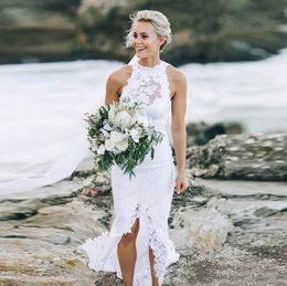 2021 Bohemian Beach Wedding Dress Ivory Dresses High Low Lace Short Front Slit Long Back Halter Boho Mermaid Bridal Gowns Vestidos de novia