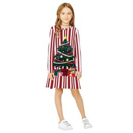 European And American New Popular Children's Wear Christmas Tree Stripe Dot Print Autumn Long Sleeve T-shirt Skirt Children's Dress