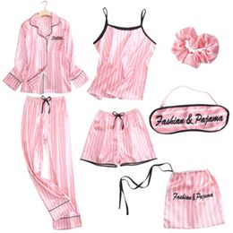 Women's Sleepwear Pink Striped Pyjamas Silk Satin Femme Pyjama Set 7 Pieces Stitch lingerie Robe pyjamas Women pjs 200919