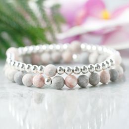 MG0961 6 mm Matte Pink Zebra Jasper Silver Colour Plated Beaded Stacking Bracelets Dainty Bracelet Womens Healing Crystals Jewe