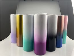 20oz Multi-Color Skinny Tumbler Stainless Steel Water Bottle Gradational Colour Cup Double Insulated Vacuum Flask Coffee Mugs with Straw A12