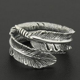 Size Adjustable 925 Sterling Silver Feather Mens Rocker Ring