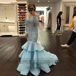 Light Blue Mermaid Evening Dresses sheer illusion neck Long Sleeves Lace Prom Gowns Tiered Skirt Formal Women Evening Gown Vestido De Festa