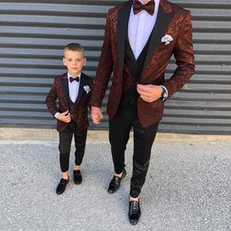 Fashion Burgundy Pattern Child Mens Suits Slim Fit Wedding Grooms Tuxedos Peaked Lapel Formal Blazer Kid Prom Suit (Jacket+Pants+Vest)