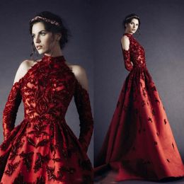 Rami Kadi Dark Red High Neck Prom Dresses Maple Leaf Appliques Long Sleeve Evening Gowns Floor Length A Line Formal Party Cocktail Dresses