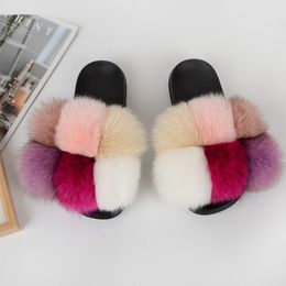 Lovely cute fashion designer stylish casual Colourful real fur furry ball flat sandles slides slippers for women men girls