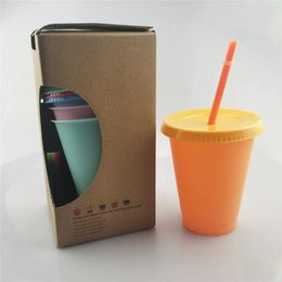 16oz Colour Changing Cup Plastic Sippy Cup Magic Plastic Drinking Tumbler with Straw Coffee Mug Water Bottle Free Shipping A02