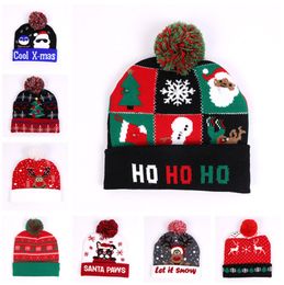 Christmas LED Beanies Winter Hats Night Light Hats Santa Claus Snowman Reindeer Elk Festivals Hats with Hair Ball Crochet Beanie Caps D9908