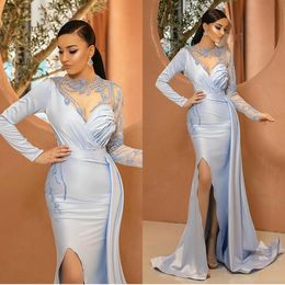 2020 Elegant Evening Dresses Long Sleeves Appliques Lace Beads Mermaid Prom Gowns Custom Made Sweep Train Satin Special Occasion Dress