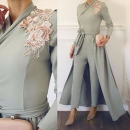 Modest Women Formal Jumpsuit Dresses Evening Wear With Detachable Overskirt Appliques Lace Long Sleeves Muslim Prom Party Dress Evening Gown