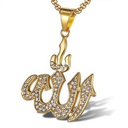 Hip Hop Bling Iced Out Rhinestones Gold Silver Colour Stainless Steel Islam Muslim Pendant Necklace for Men Rapper Jewellery