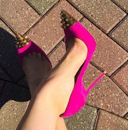 Top Fashion Suede Steel Tip Toe Gold Rivets Pumps Stiletto Mixed Colour Gloden Spike High Heels Wedding Shoes