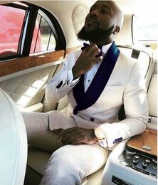 2020 Costume Homme Ivory Jacquard Navy Blue Lapel Wedding Men Suits Slim Fit Tuxedos Groom Prom Best Man Blazer Terno Masculino