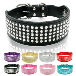 Rhinestone Leather Dog Collars Bling Diamante Crystal Studded Dogs Pet Collars 2inch Wide for Medium & Large Dogs Pitbull