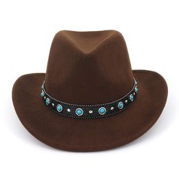 Unisex Men Women Floppy Trilby Wool Felt Jazz Fedora Hats Wide Brim Cowboy Hat Panama Sombrero with Gem Leather