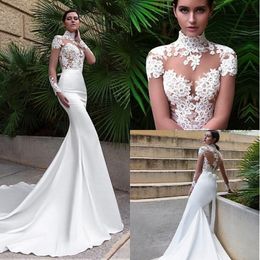 Elegant High Neck Mermaid Wedding Dresses With Lace Appliques Long Sleeve Sexy See Through Bodice Bridal Gowns Custom Made