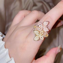 Cute Two Tone 925 Sterling Silver Double Butterfly Rings for Women Bling Zircon Luxury Resizable Opening Rings Jewelry