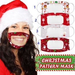 DHL Christmas Lip Language Transparent Masks Xmas Cartoon Printing Clear Face Mask Adults Visible Deaf Earloop Designer Mask