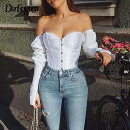 Darlingaga Fashion Off Shoulder White Blouse Shirt Splice Lace Up Adjustable Crop Top Bodycon Corset Women Shirts Sexy Hook Tops 200925