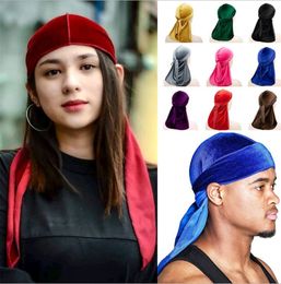 Fashion Women's Velvet Durag Bandana Turban Wigs Men's Satin Pirate Hat Solid Colour Headwear Headband Pigtail Hip Hop Cap Beanie