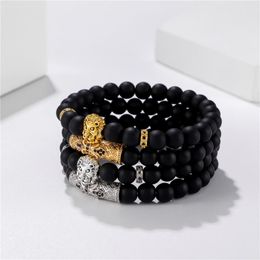 Charm Bracelets 2021 2pcs/set CZ King Lion Bracelet Men Braclet Black Matte Stone Bead For Mens Hand Jewelry