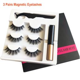 3 Pairs Magnetic & Tweezer False Eyelashes Liquid Eyeliner Makeup Set Reusable Waterproof Long Lasting Eyelash