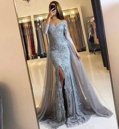 Custom Long Sleeve Thigh-High Slits Prom Party Gown Lace Mermaid Trumpet Sweetheart Off-Shoulder Applique Beaded Evening Dresses