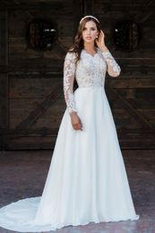 2020 New A-line Lace Chiffon Boho Modest Wedding Dresses With Long Sleeves V Neck Buttons Back Informal Summer Beach Bridal Gowns Sleeved
